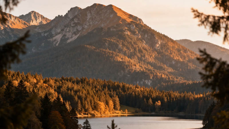 夕阳染山 湖静林幽图片