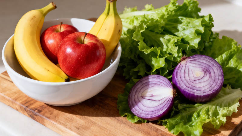 新鲜果蔬 香蕉苹果洋葱生菜图片