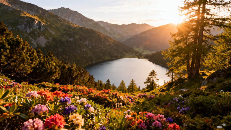 山湖花海 夕照如画图片