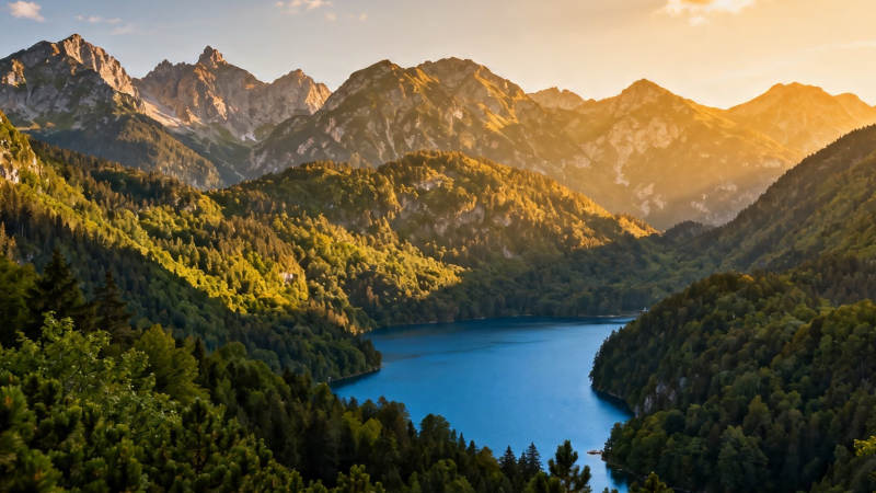 山湖夕照 金辉映翠谷图片