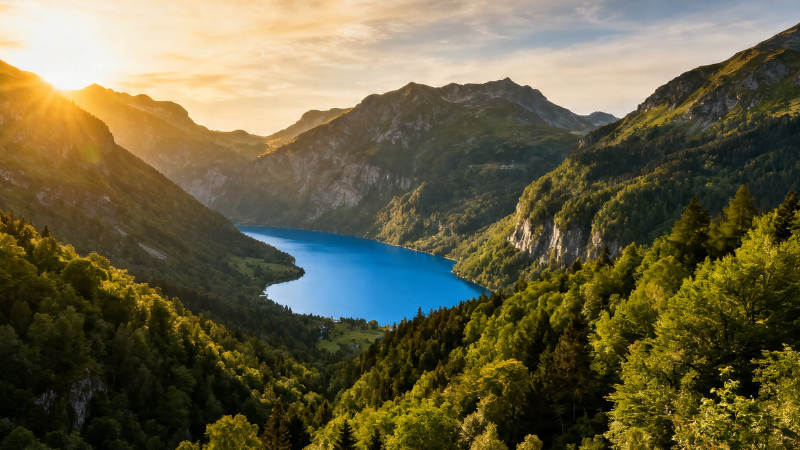山湖夕照 绿谷藏蓝镜图片