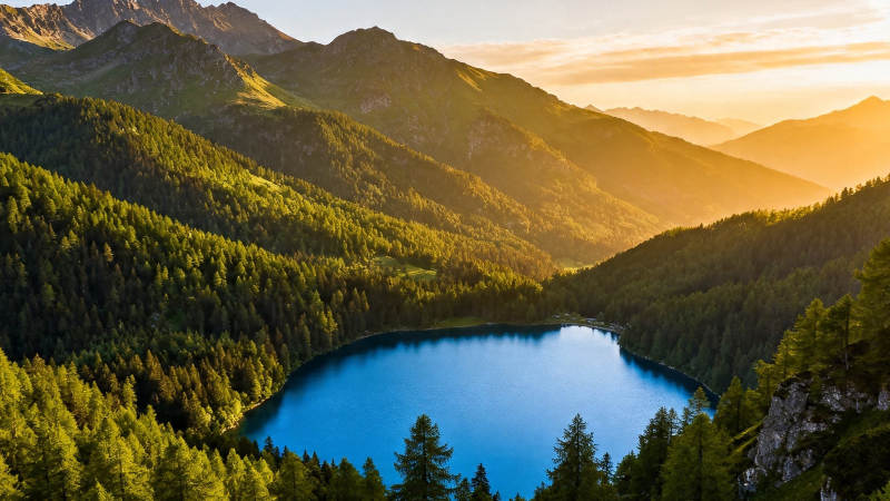 山湖夕照 金辉映碧水图片