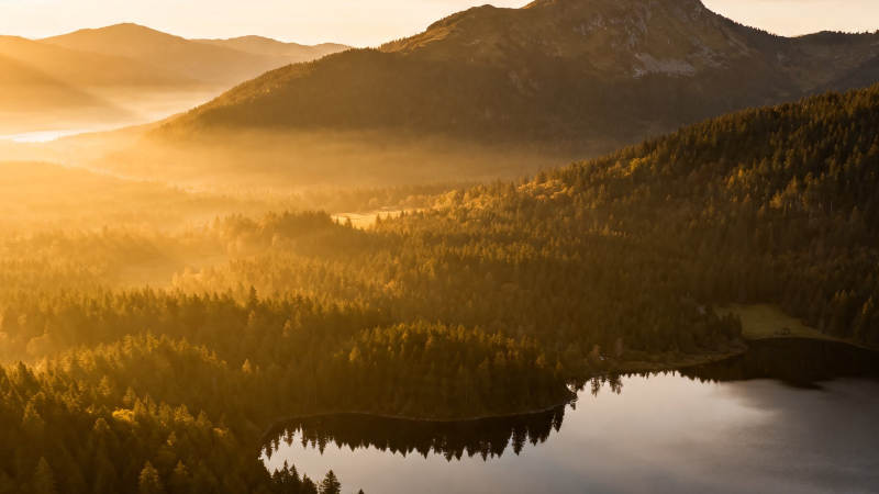 晨雾绕湖 金山映水静图片