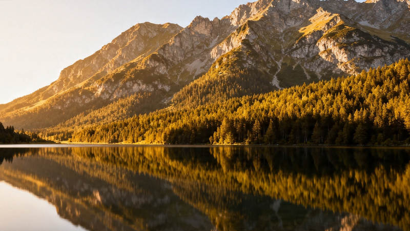 湖光山色 金辉倒影图片