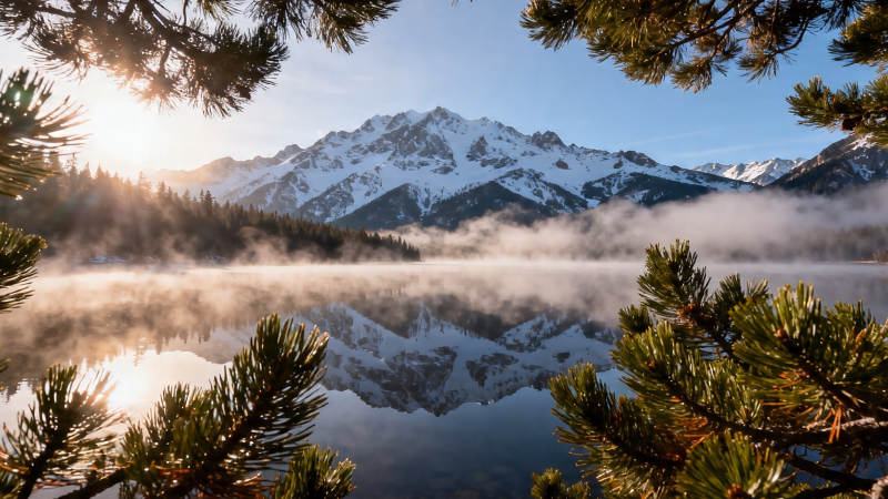 雪山湖雾 松枝映晨光图片