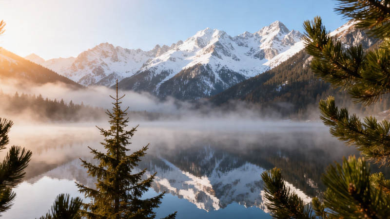 雪山映湖 晨雾缭绕仙境图片