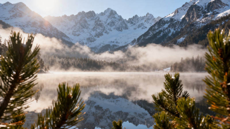 雪山雾湖松影如画图片