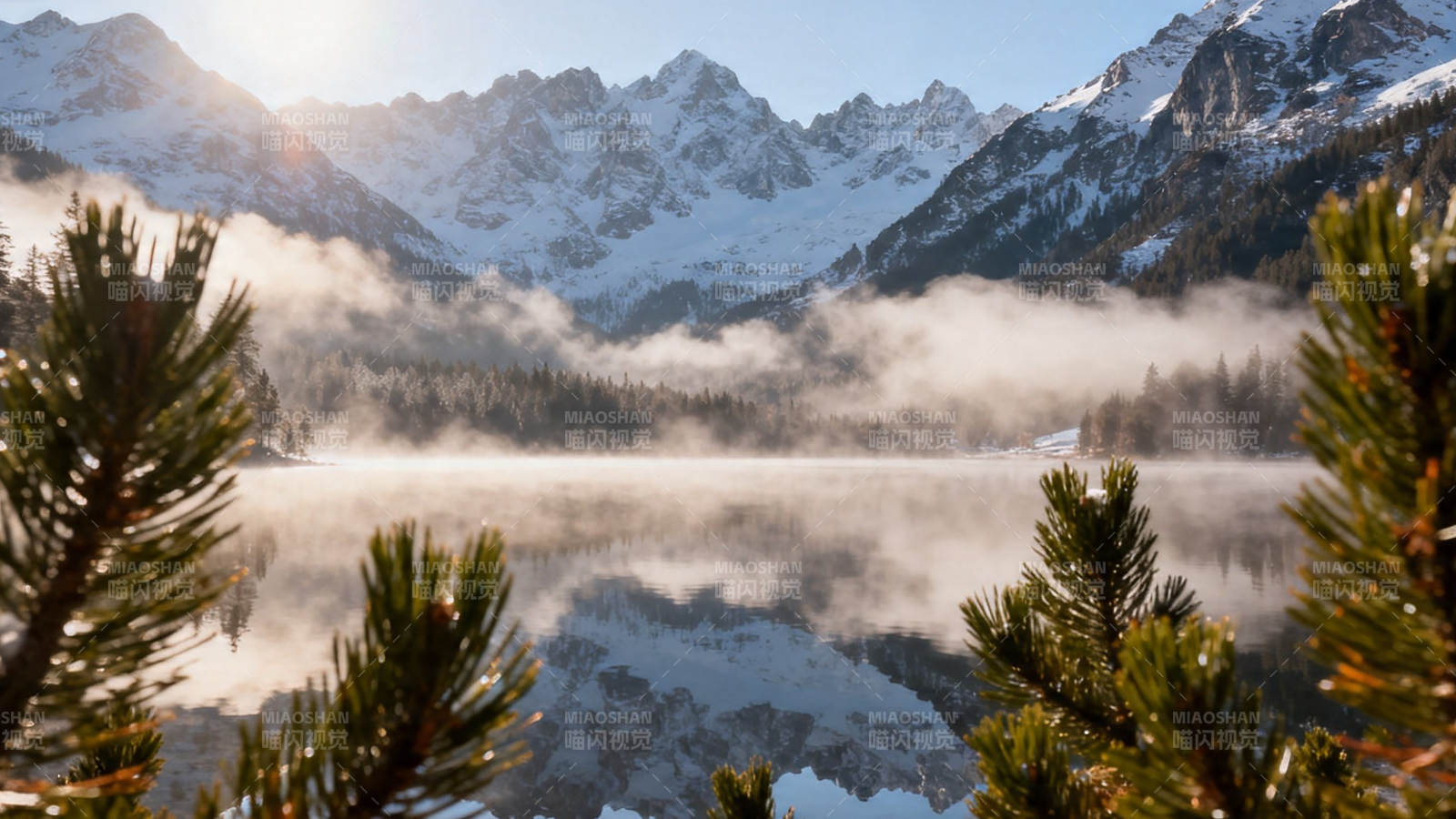 雪山雾湖松影如画图片