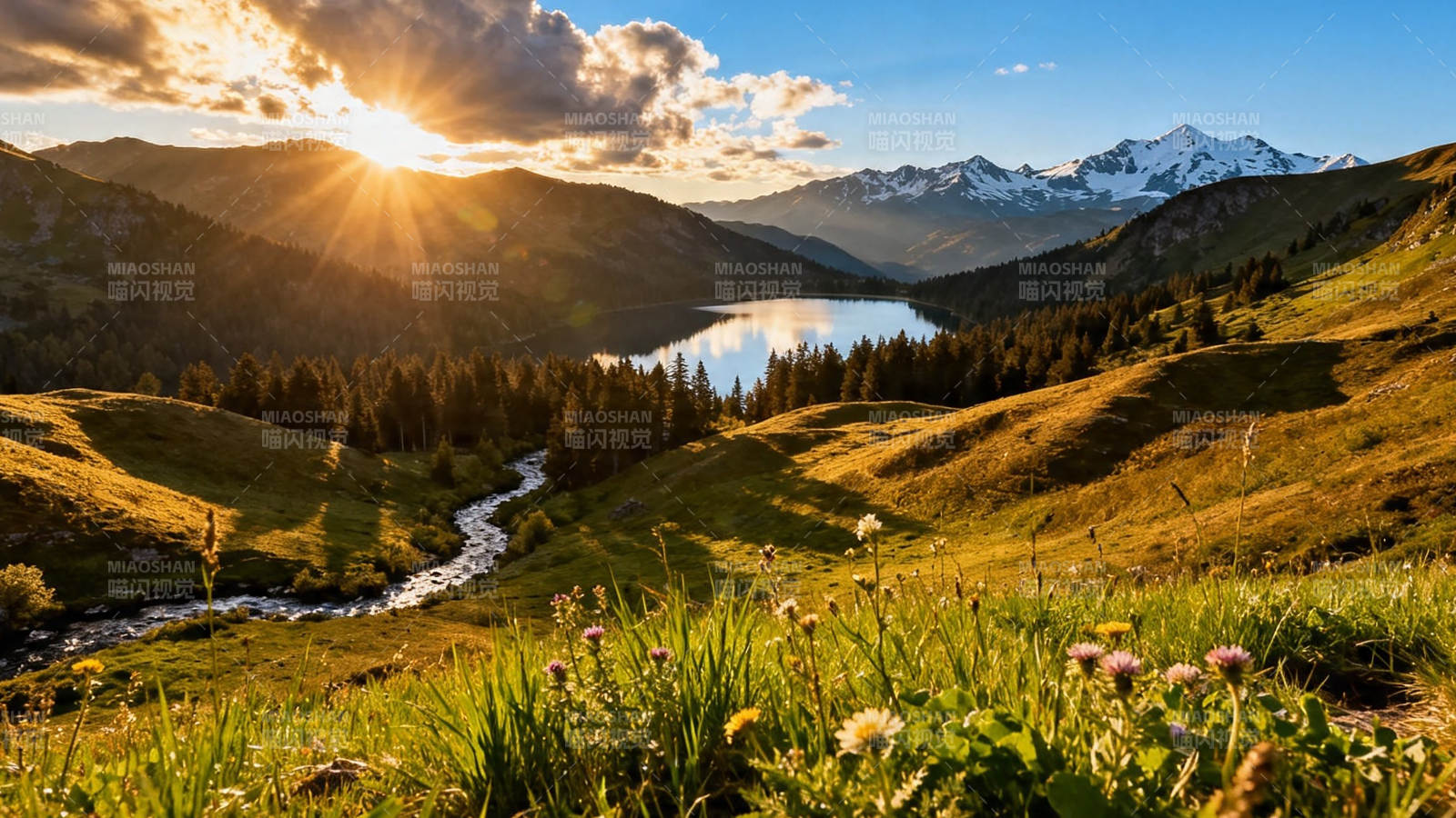 山湖日落 金辉洒绿野图片