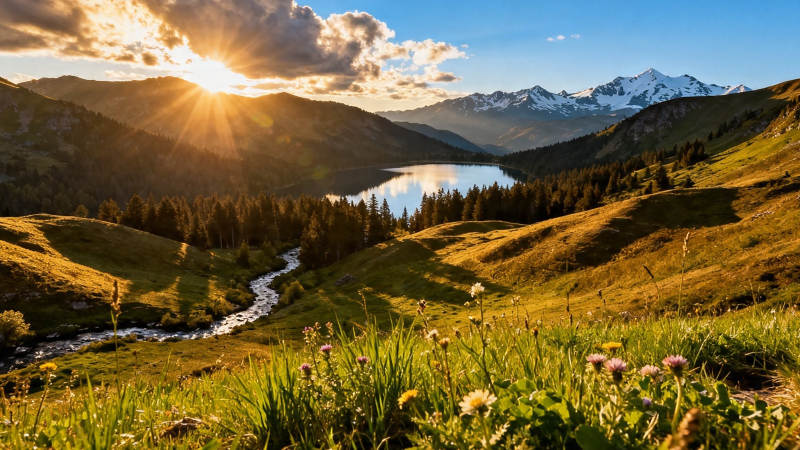 山湖日落 金辉洒绿野图片