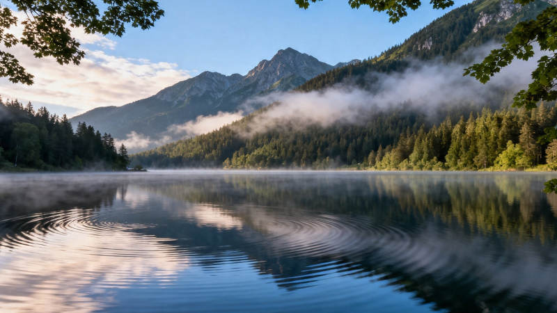 湖光山色晨雾绕图片