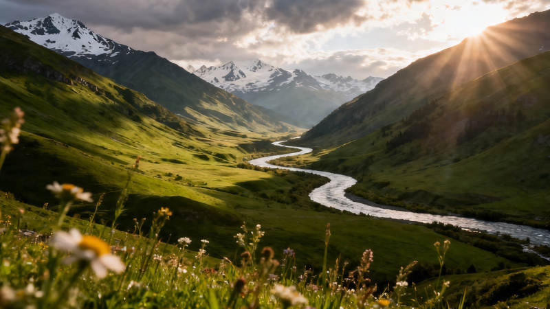 山河壮丽 夕阳穿云照谷图片