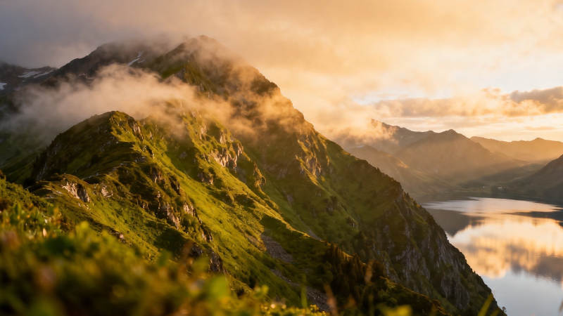 云雾绕青山 湖光映夕阳图片