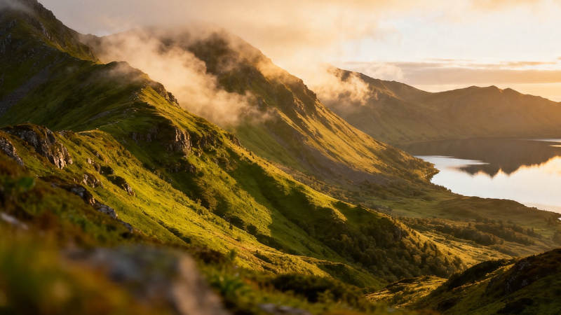 晨光染青山 湖静云绕谷图片
