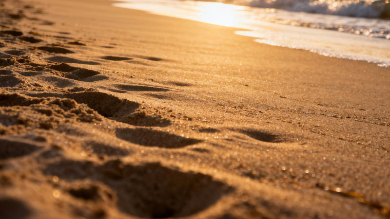 夕阳沙滩足迹温柔时光图片