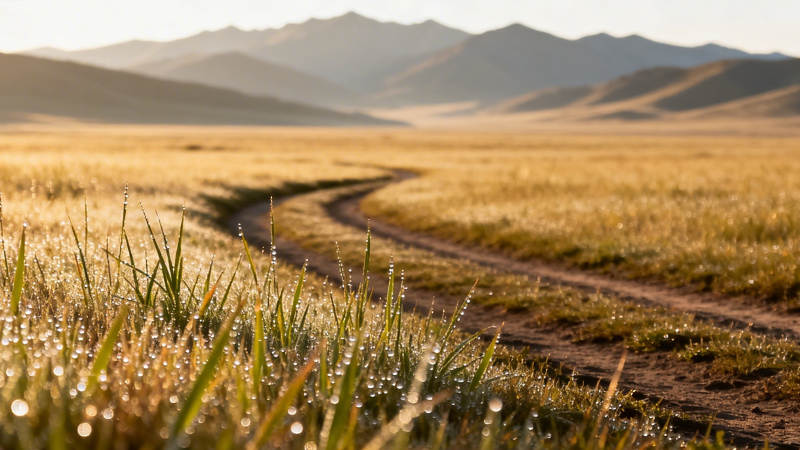 晨露小径 远山如黛图片