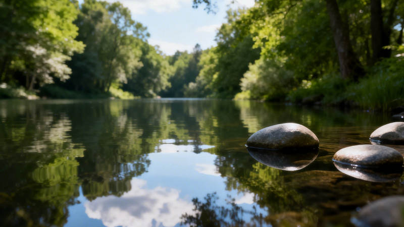 林间静水映石影图片