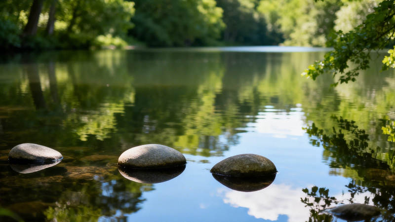 静水三石映绿荫图片