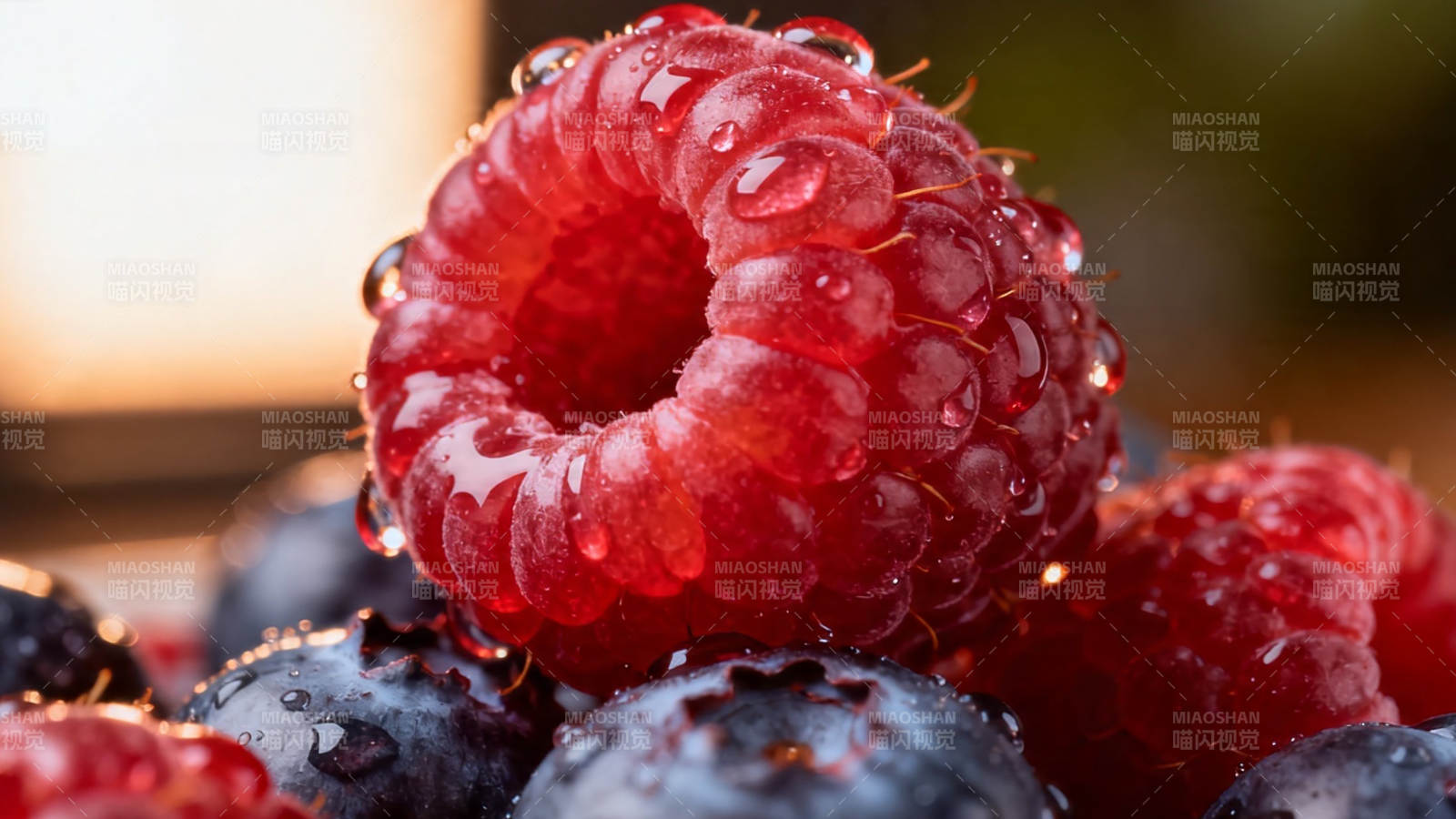 鲜莓带露 红蓝诱人图片