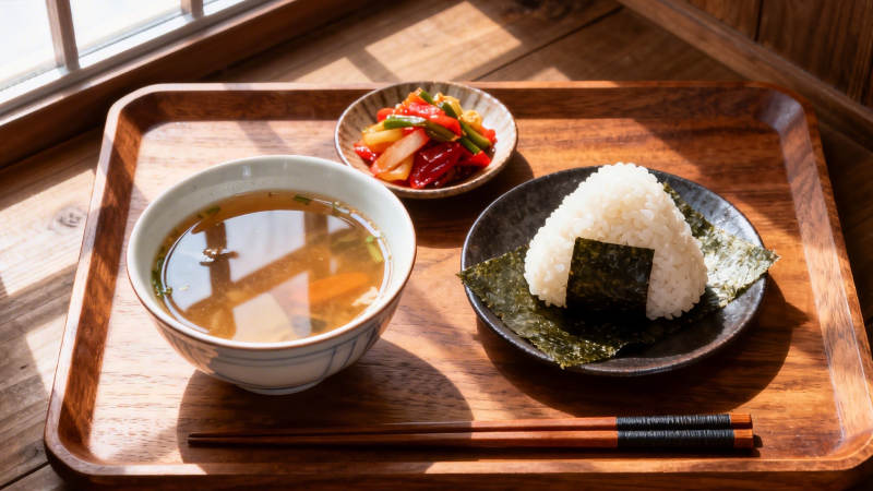 日式饭团配味噌汤小菜图片