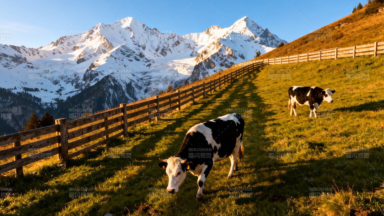 雪山牧场 奶牛悠然吃草图片