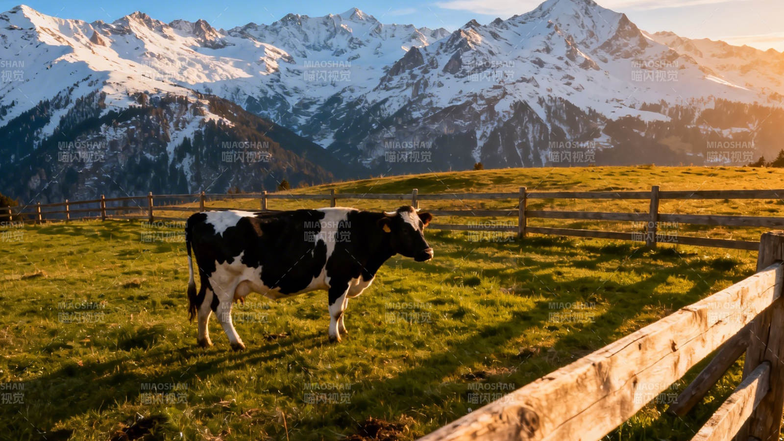 雪山下的牧场牛影图片