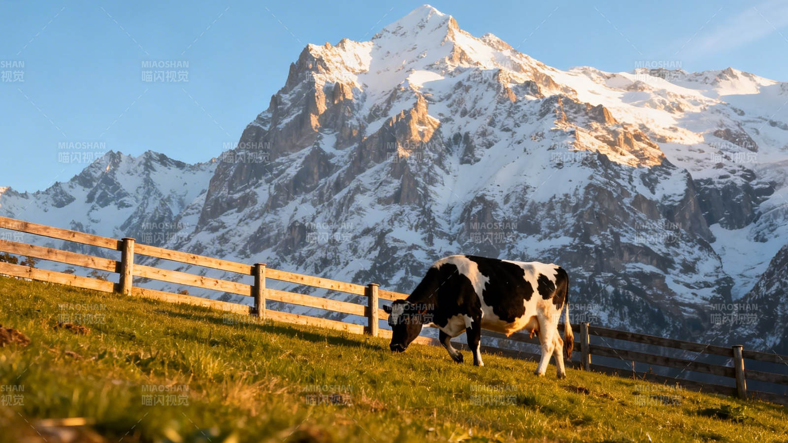 雪山下的奶牛吃草图片