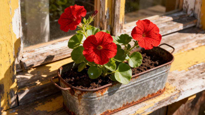 窗台红花映旧木图片