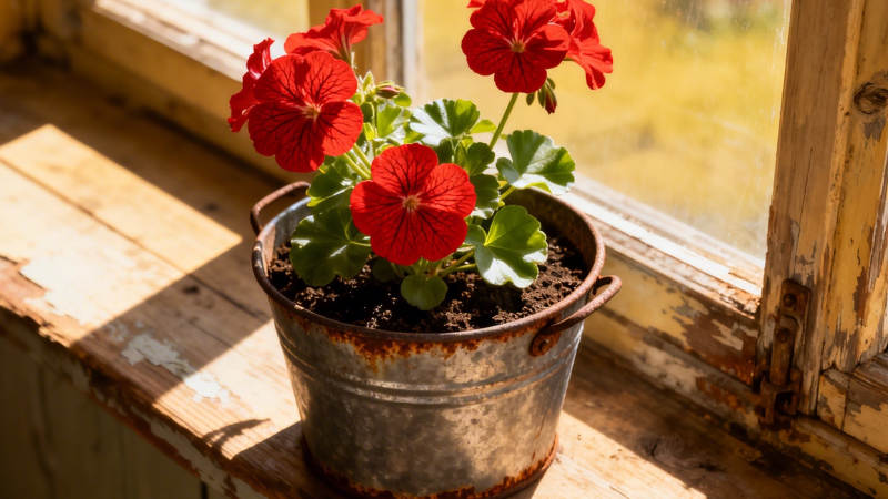 窗台红天竺葵 阳光暖照图片