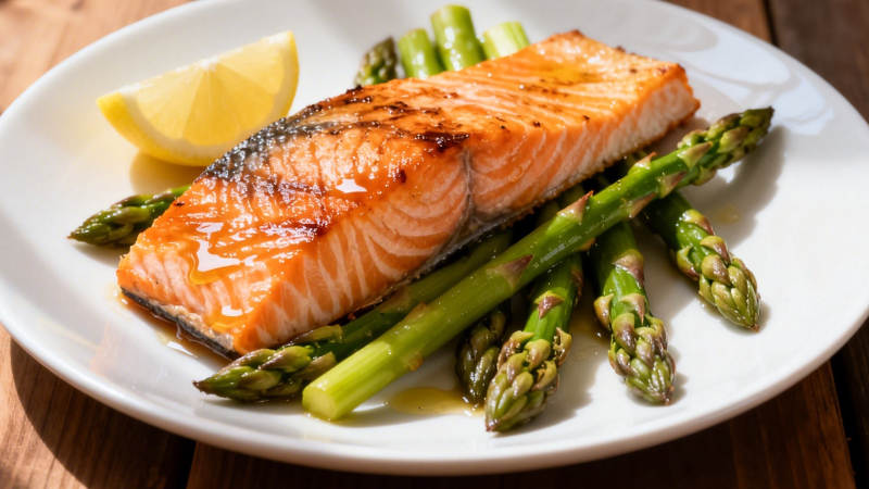 香煎三文鱼配芦笋图片