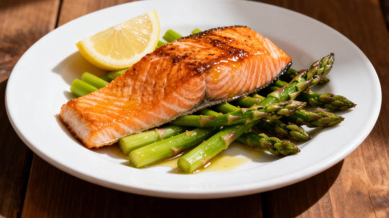 香煎三文鱼配芦笋柠檬图片