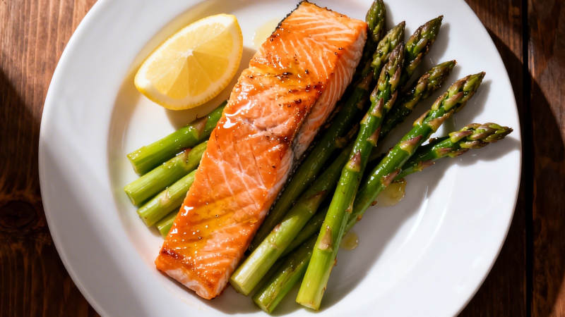 香煎三文鱼配芦笋柠檬图片