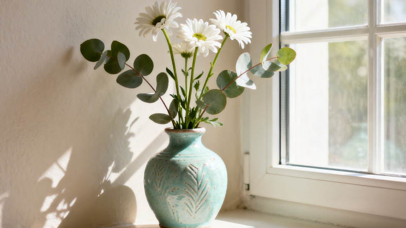 窗边雏菊与青瓷花瓶图片