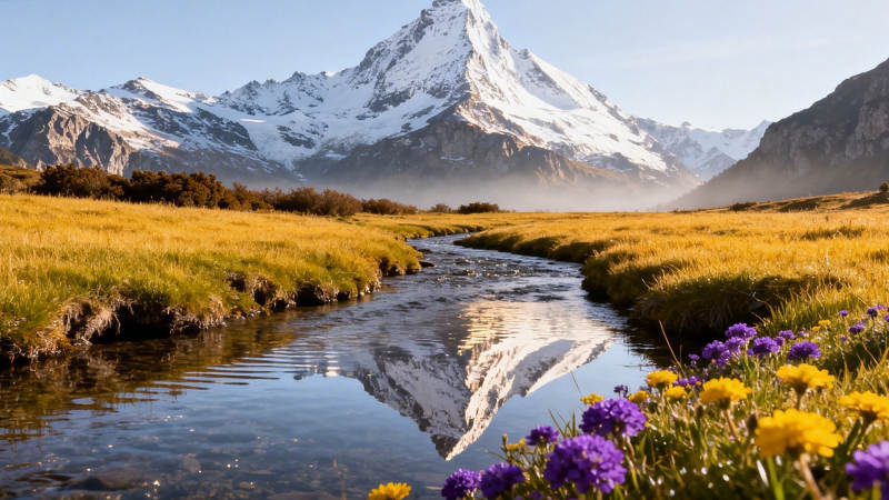 雪山倒影 花溪静谧图片