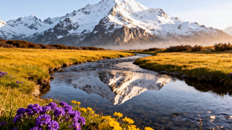 雪山映溪 花野如画图片