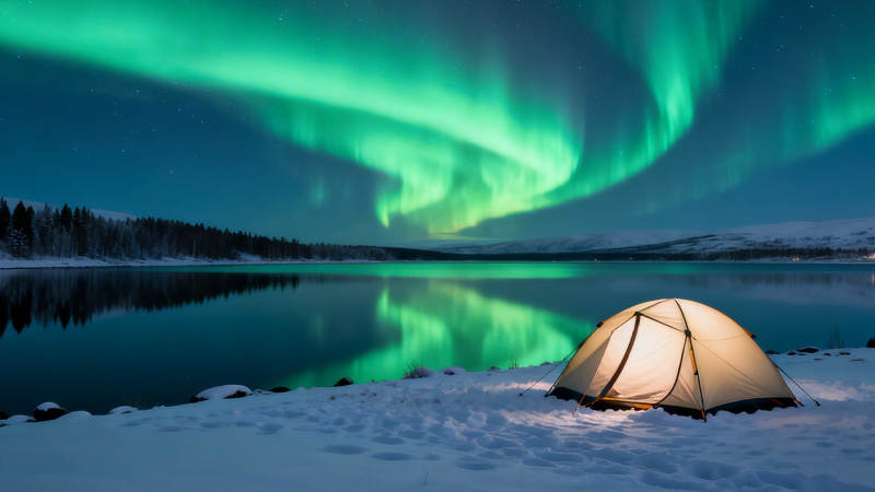 极光帐篷夜 湖畔雪境梦图片