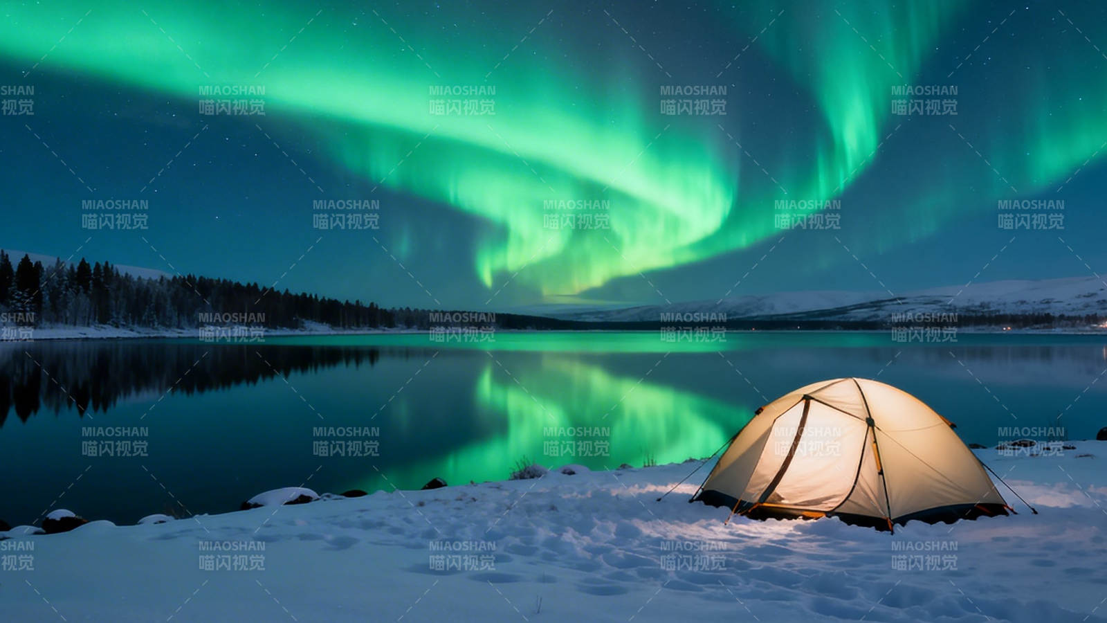 极光帐篷夜 湖畔雪境梦图片