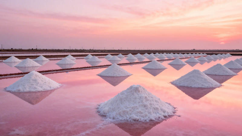 粉红盐田 日落堆盐景图片
