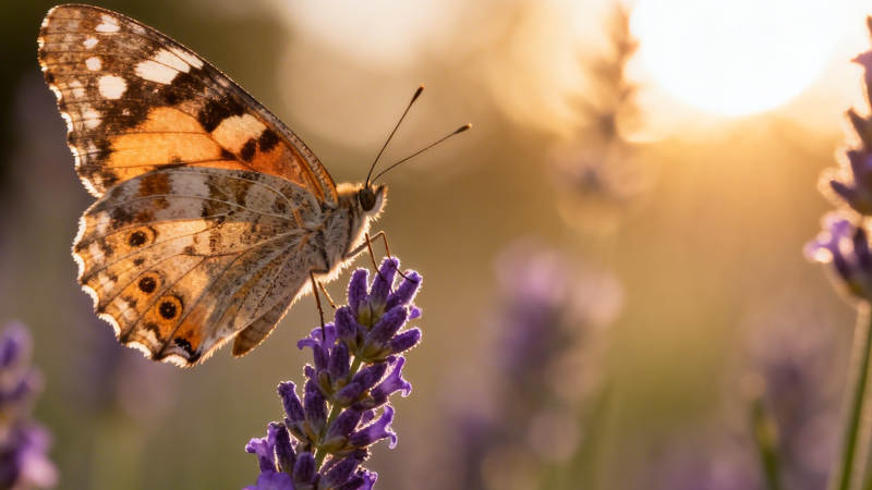 蝶舞薰衣草 夕阳温柔照图片