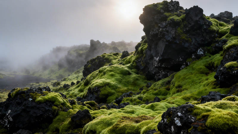 苔原雾绕 黑岩披绿裳图片