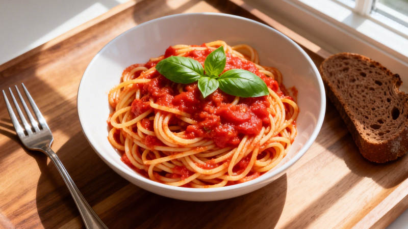 意面配番茄酱与罗勒叶图片