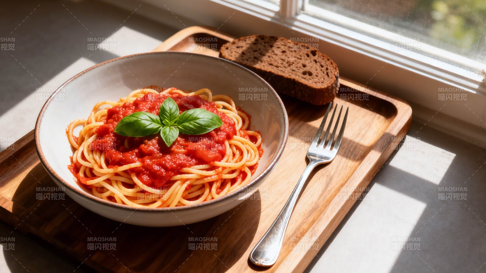 阳光意面配面包图片