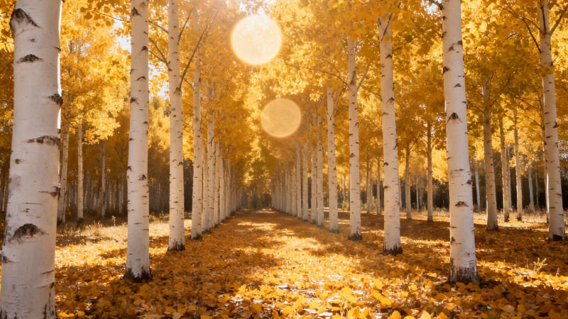 秋日白桦林 金叶铺满径图片