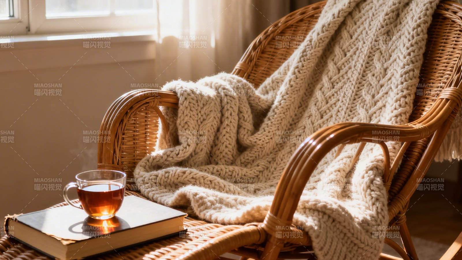 暖阳藤椅 书香茶香伴毛毯图片
