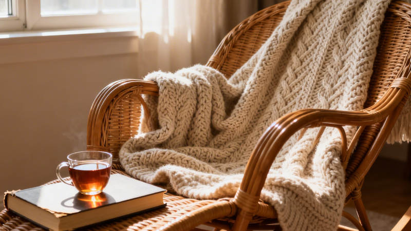 暖阳藤椅 书香茶香伴毛毯图片