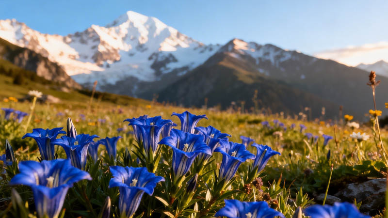 雪山下的蓝色花海图片