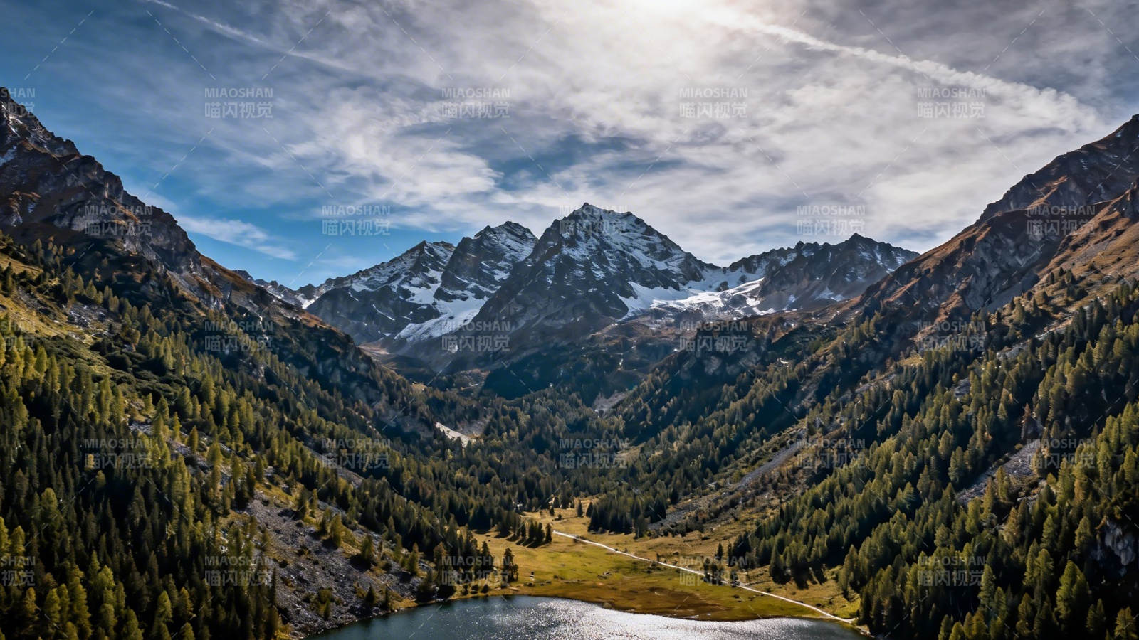 雪山环抱绿谷湖光图片