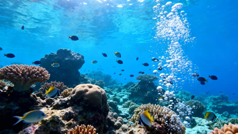 海底珊瑚鱼群气泡舞图片