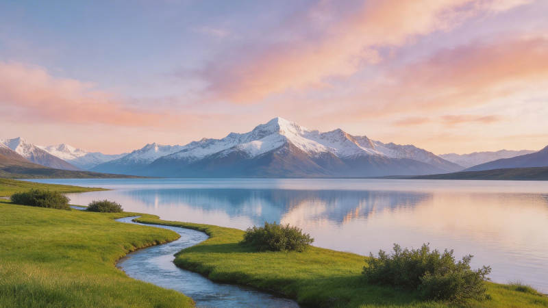 雪山映湖 溪流蜿蜒入画图片