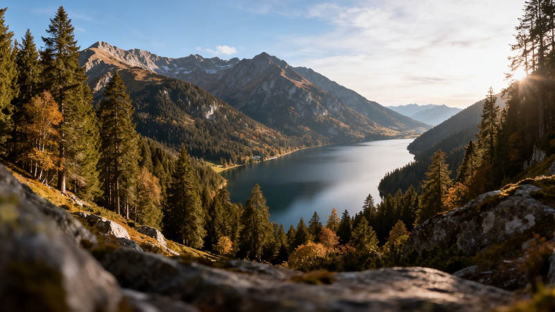 山湖秋色 松林映夕阳图片